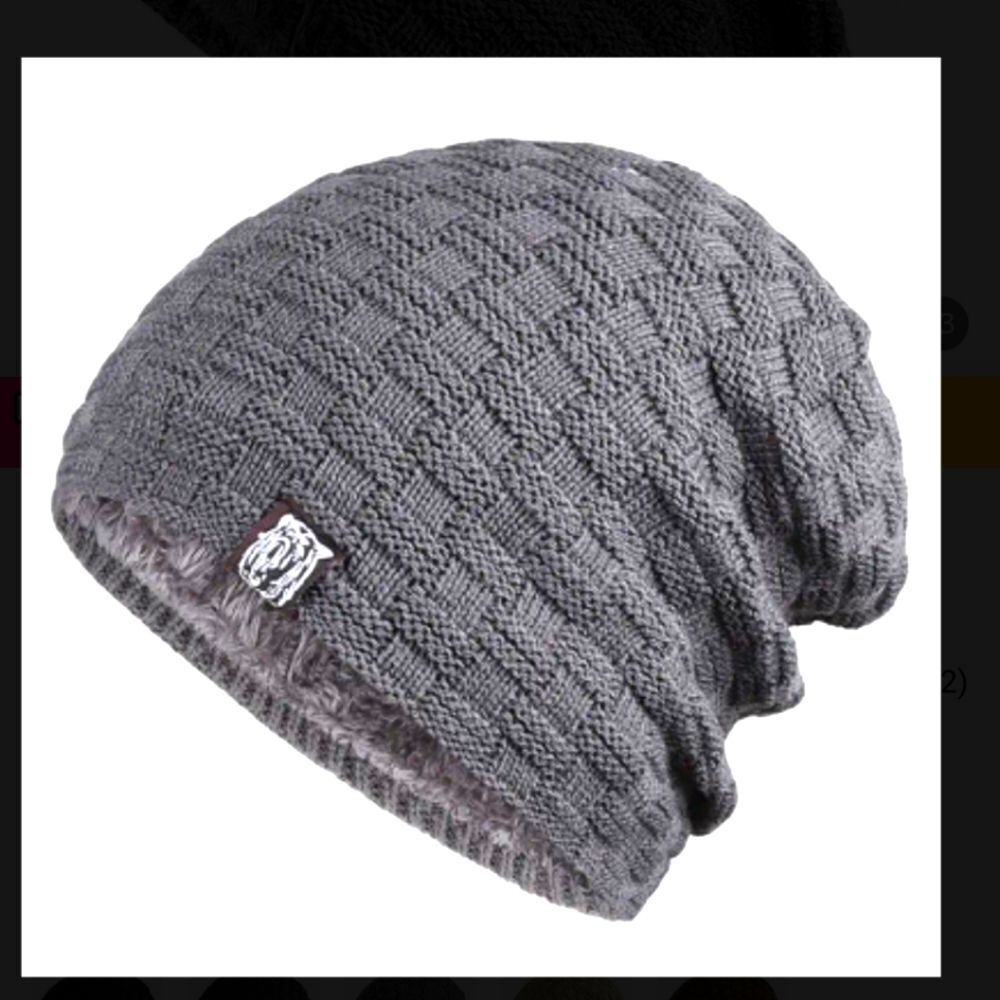 Gray knit slouchy beanie hat Thick soft fur lining unisex cap